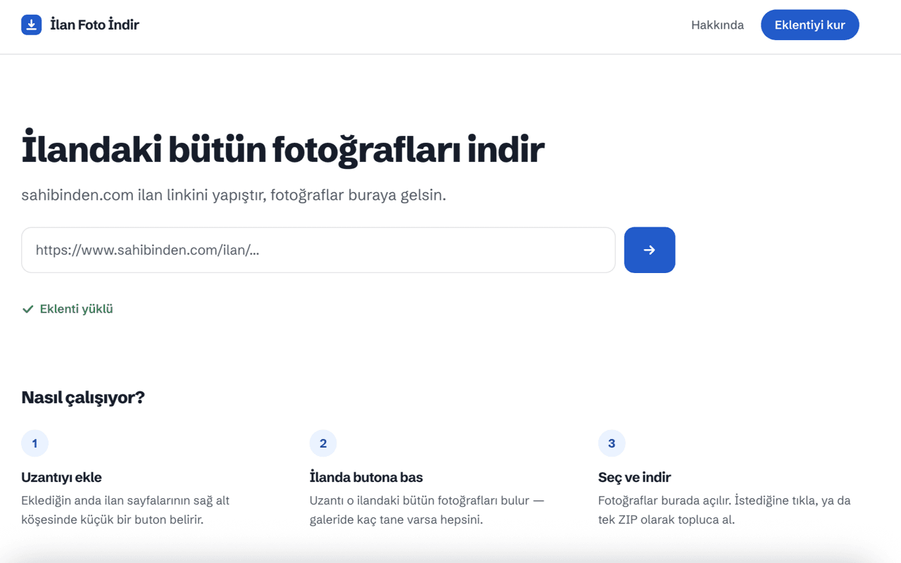 İlan bağlantısı alanı ve üç adımlı kullanım anlatımı bulunan İlan Foto İndir ekranı